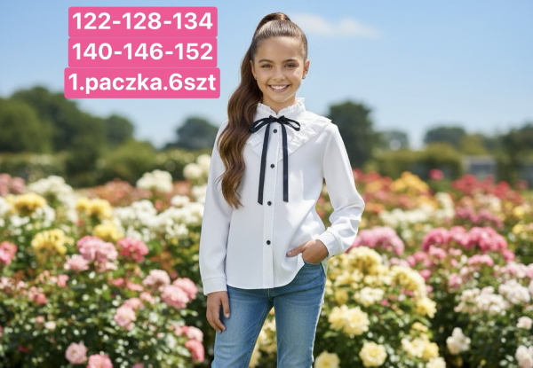 Koszule dziewczęce Roz 122-152, 1 kolor Paczka 6 szt